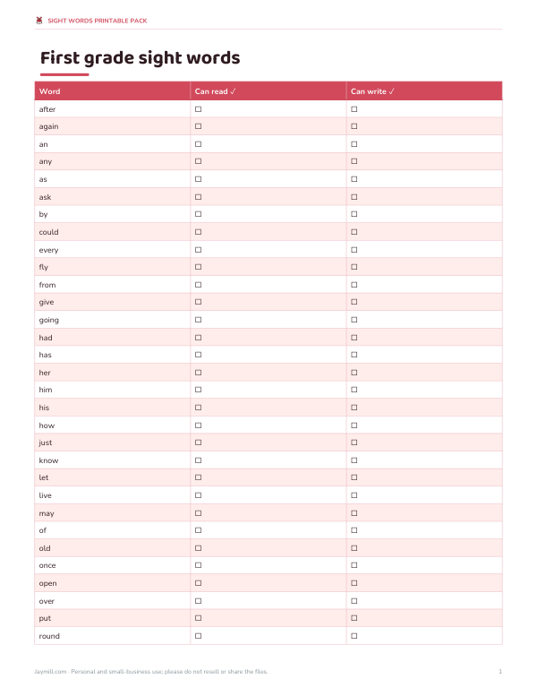 Preview of Printable First Grade Sight Words List