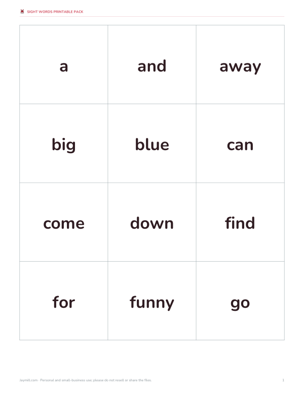 Preview of Sight Words Flashcards Printable PDF