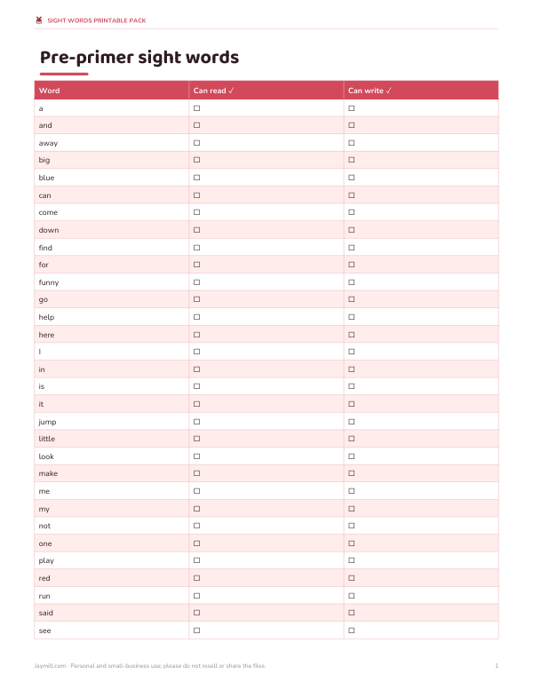 Preview of Printable Pre-Primer Sight Words List
