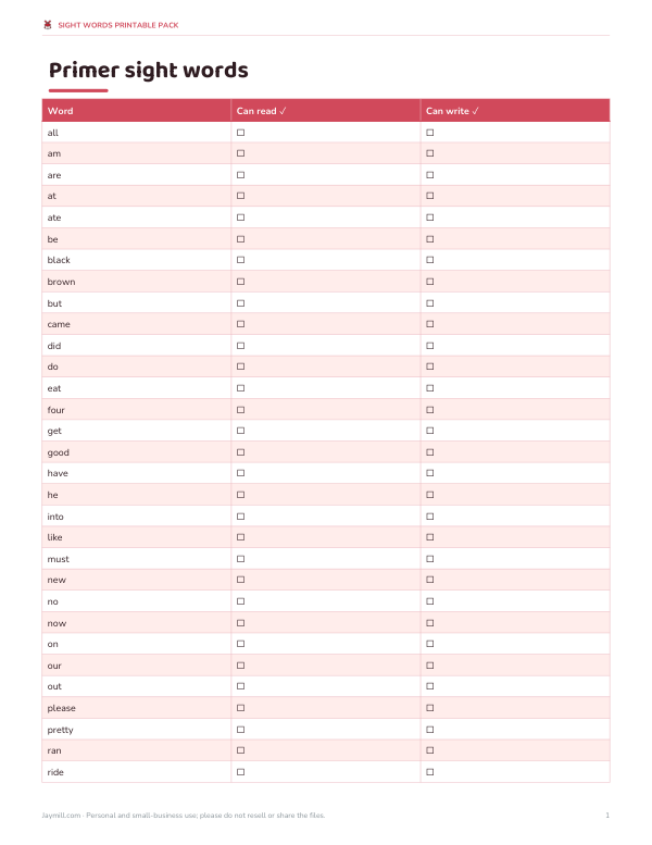 Preview of Printable Primer Sight Words List