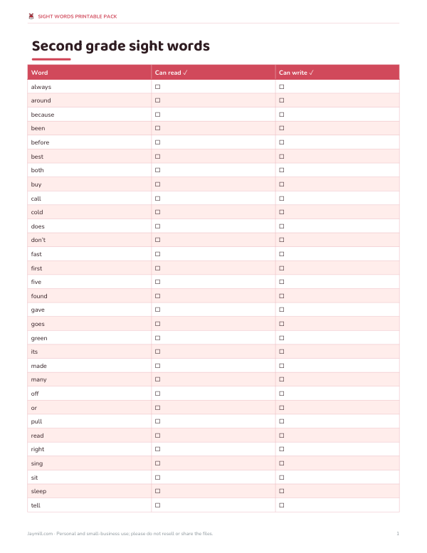 Preview of Printable Second Grade Sight Words List