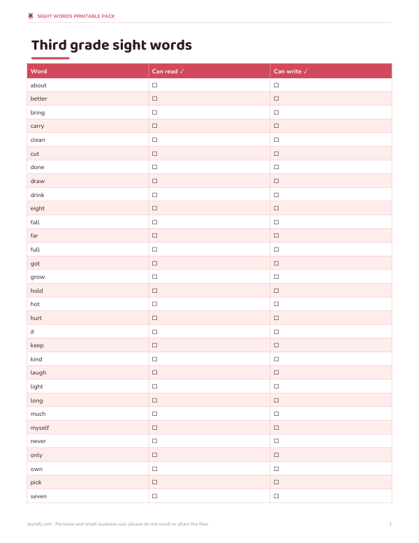 Preview of Third Grade Sight Words Printable List